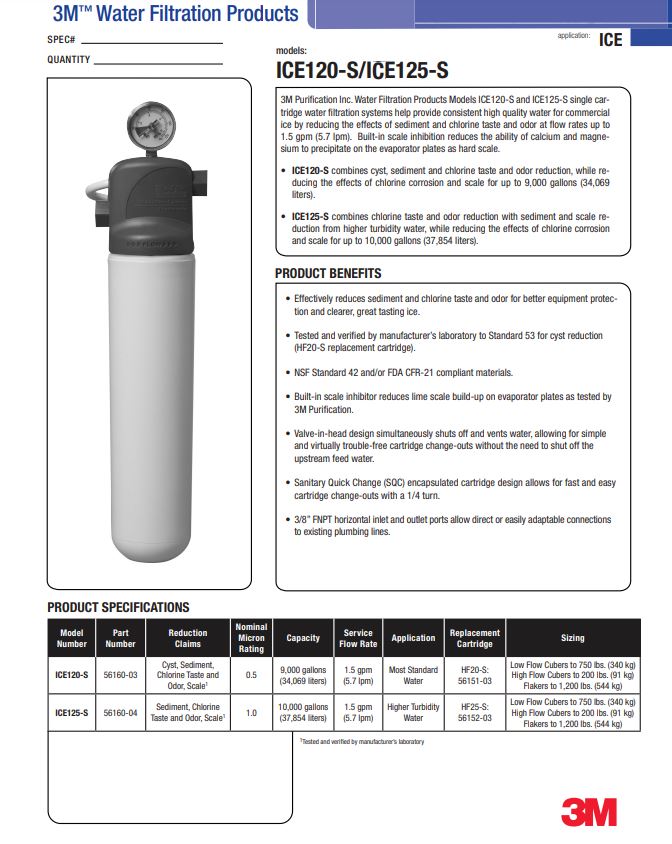 3M Purification Model ICE120‐S (For Ice Machines)